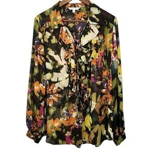 Cabi Multicolored Floral‎ Kimono Tie Front Top Size M Boho Art to Wear Flowy